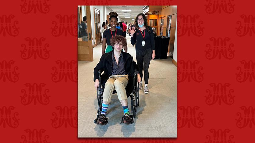 Image of students taking part in wheelchair scavenger hunt.