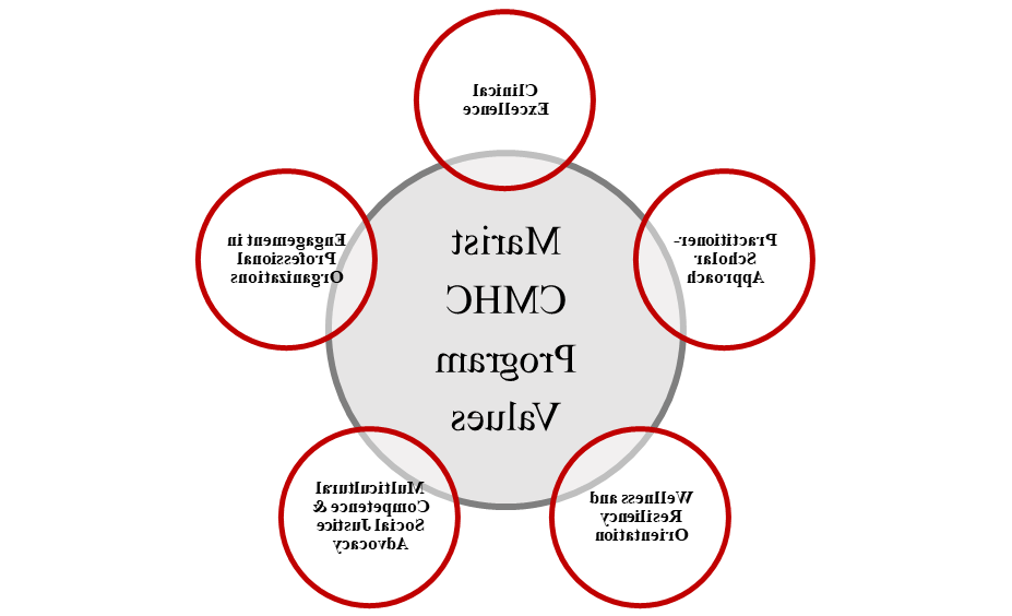 Venn Diagram with Clinical Mental Health Counseling program values: clinical experience, practitioner-scholar approach, wellness and resiliency orientation, multicultural competence and social justice advocacy, and engagement in professional organizations 