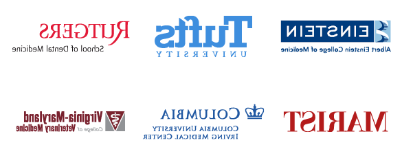 Logos of pre-health post-graduate opportunities: Albert Einstein School of Medicine, Tufts University, Rutgers School of Dental Medicine, Marist College, New York College of Chiropractic Medicine, Virginia Tech School of Veterinary Medicine